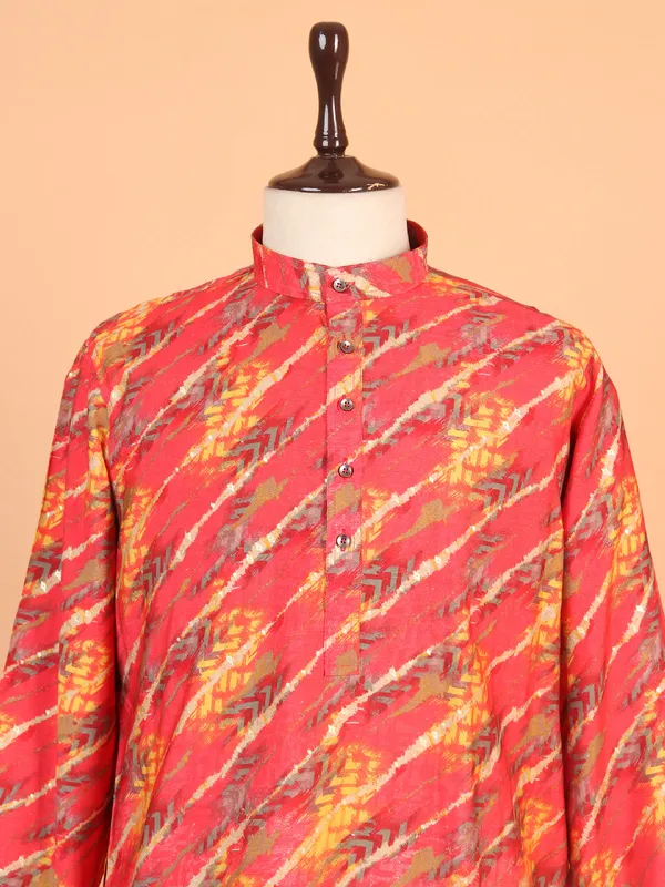 Red printed cotton kurta suit for men for festival