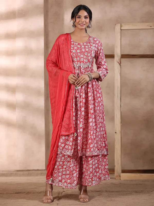 Red printed cotton palazzo set with dupatta