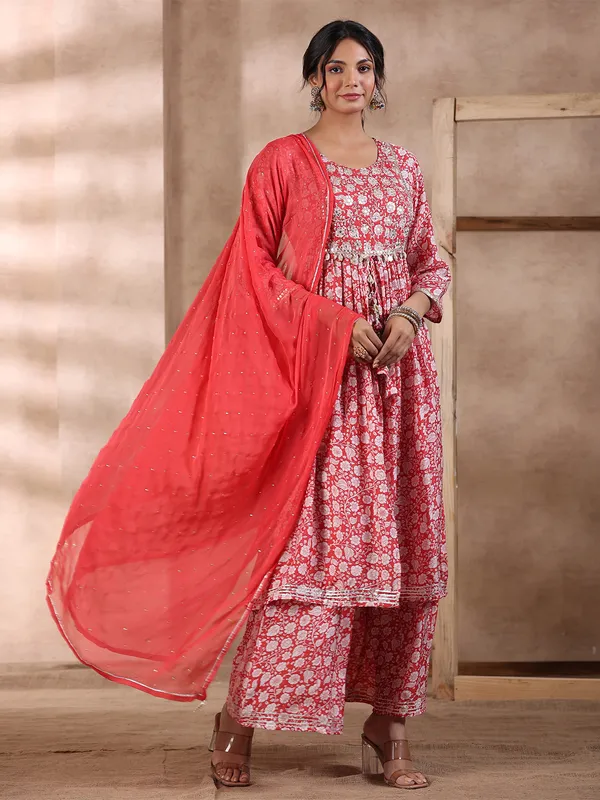 Red printed cotton palazzo set with dupatta
