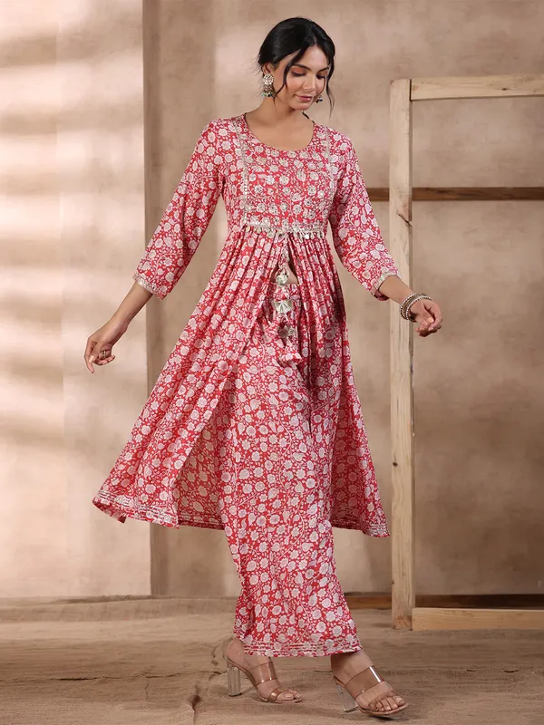 Red printed cotton palazzo set with dupatta