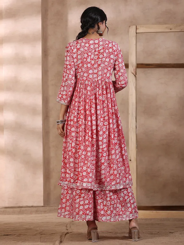 Red printed cotton palazzo set with dupatta