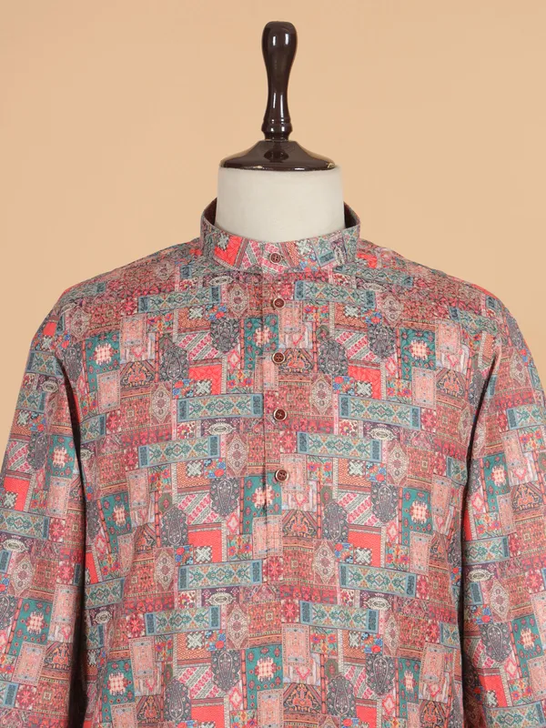 Red printed cotton silk festive ready kurta suit