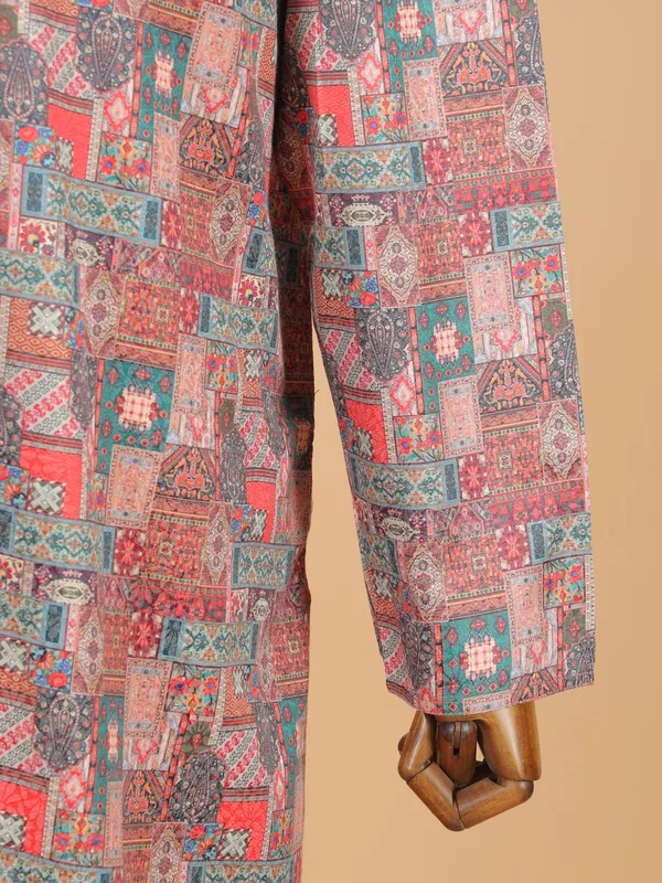 Red printed cotton silk festive ready kurta suit