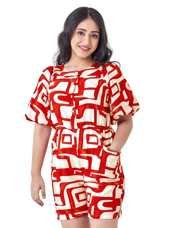 Red printed cotton silk jumpsuit with round neck