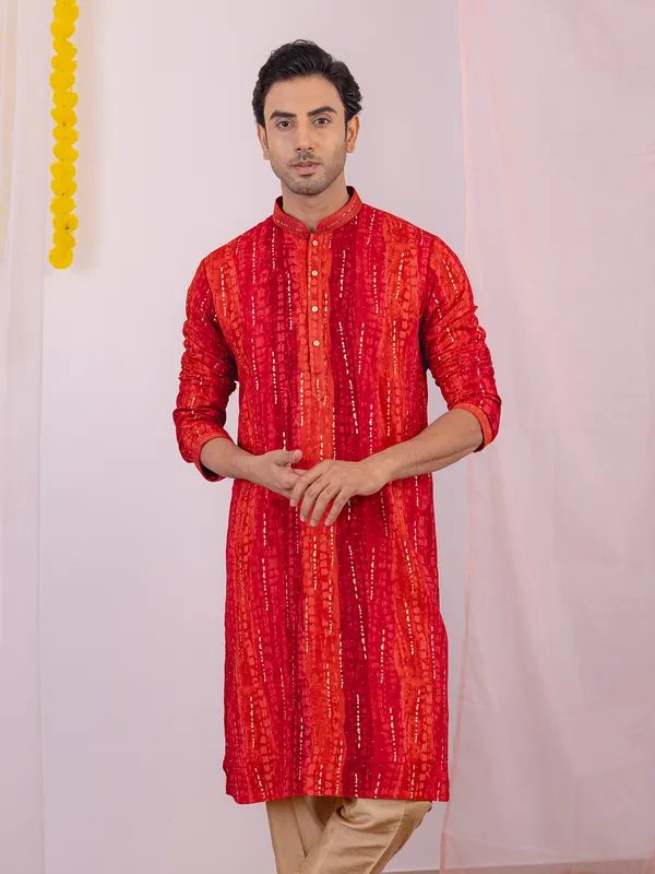 Red printed cotton silk kurta suit