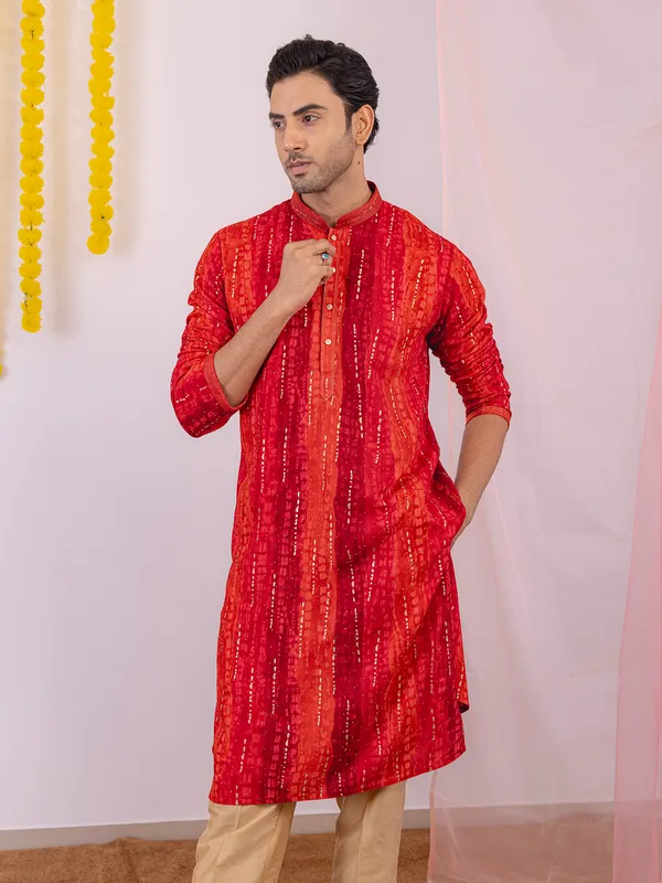 Red printed cotton silk kurta suit