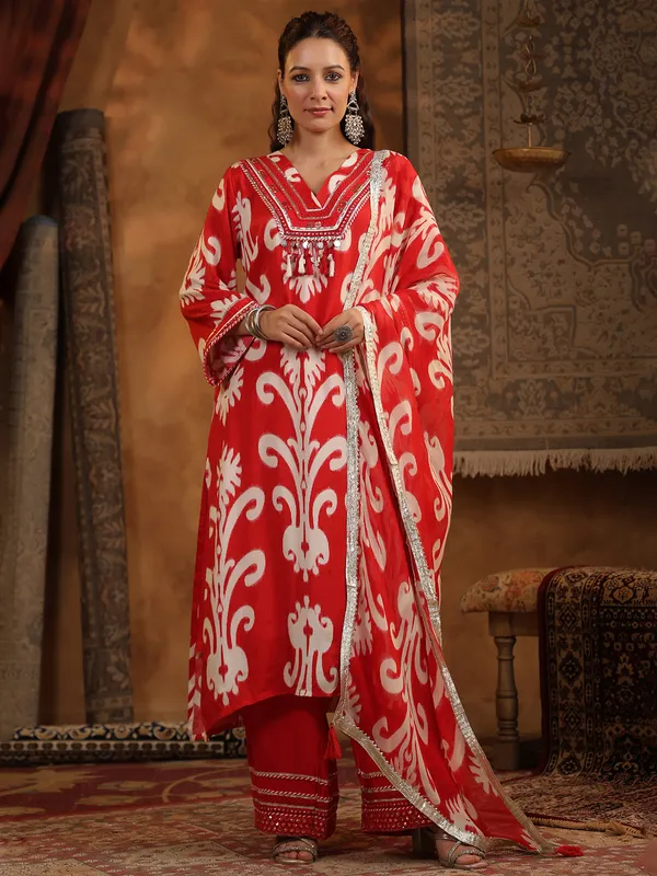 Red printed cotton silk kurti set
