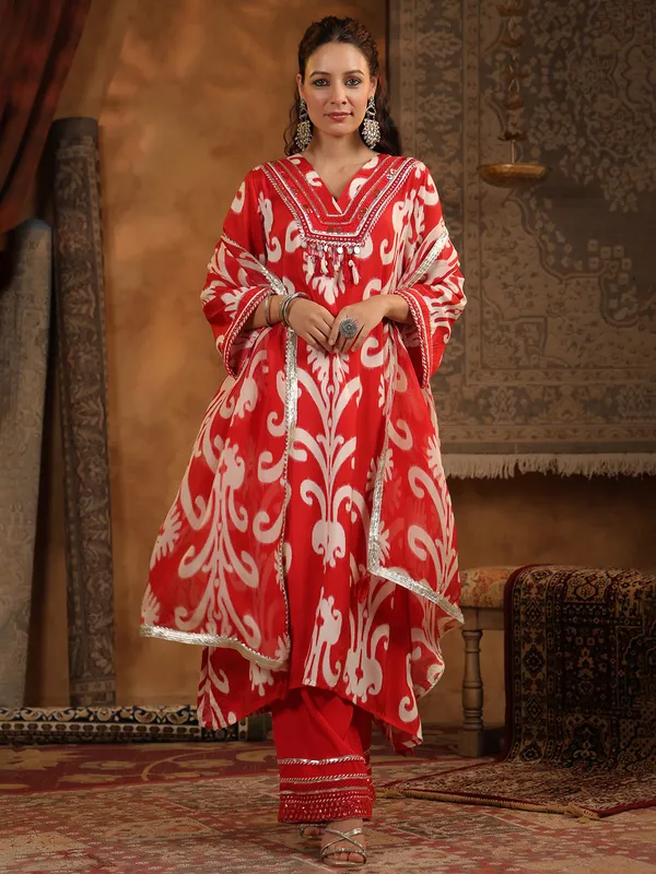 Red printed cotton silk kurti set