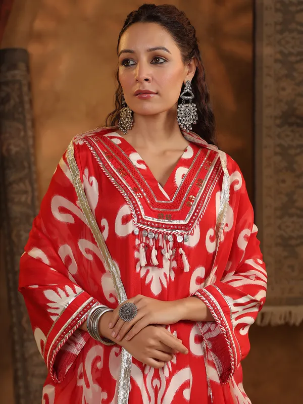 Red printed cotton silk kurti set