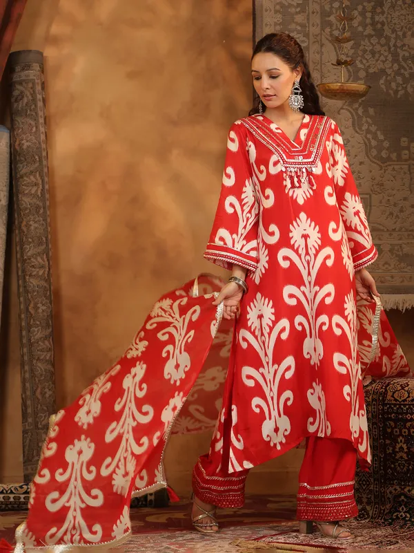 Red printed cotton silk kurti set
