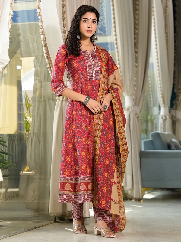 Red printed cotton silk kurti set for women