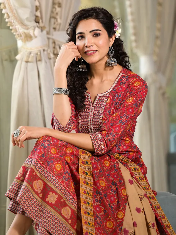 Red printed cotton silk kurti set for women