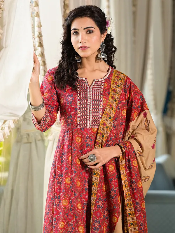 Red printed cotton silk kurti set for women