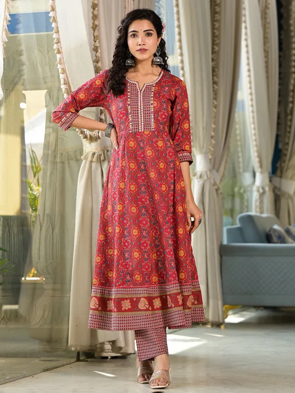 Red printed cotton silk kurti set for women