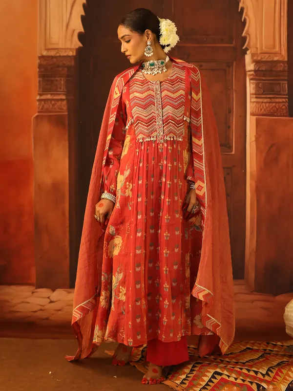 Red printed cotton silk salwar suit