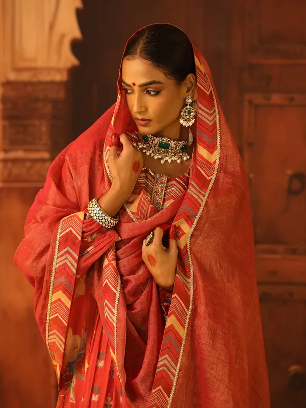 Red printed cotton silk salwar suit