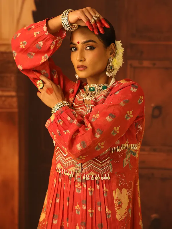 Red printed cotton silk salwar suit
