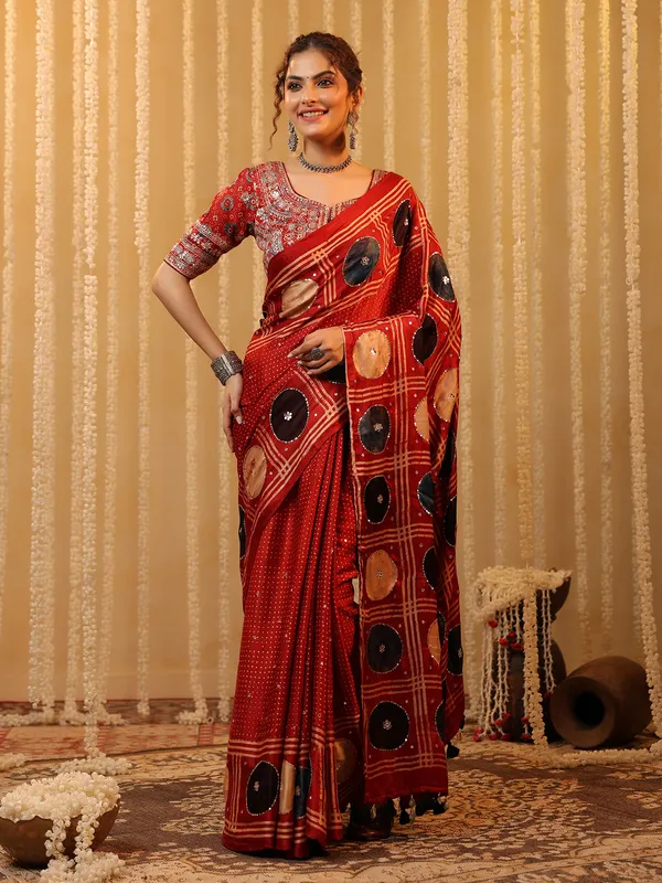 Red printed cotton silk saree for festival
