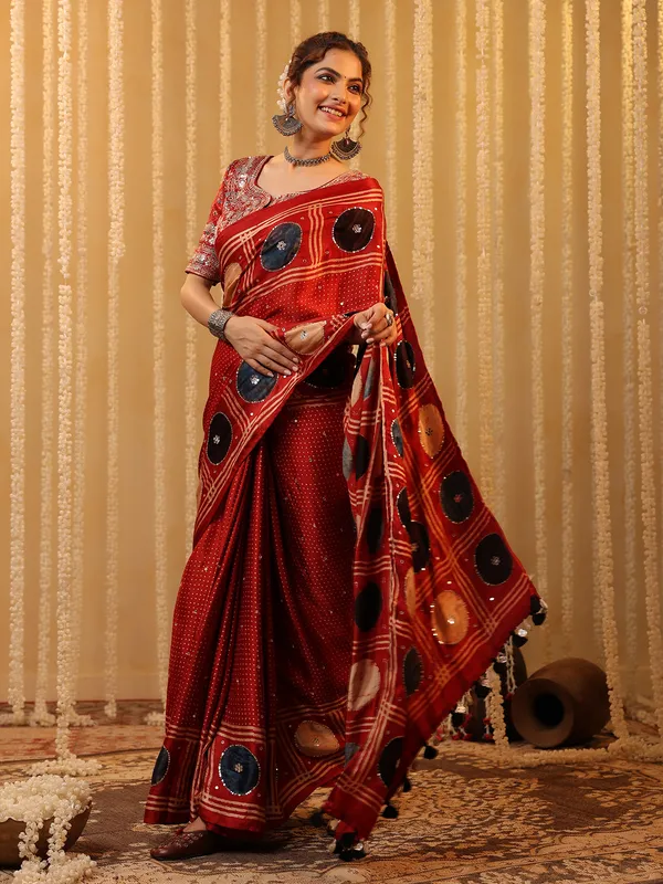 Red printed cotton silk saree for festival