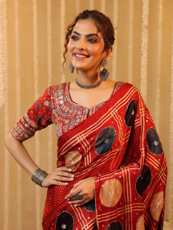 Red printed cotton silk saree for festival