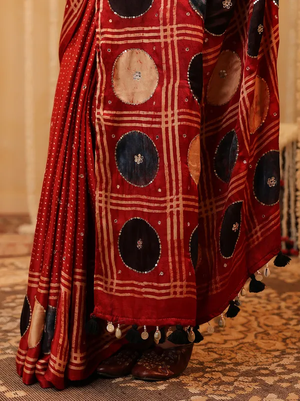 Red printed cotton silk saree for festival