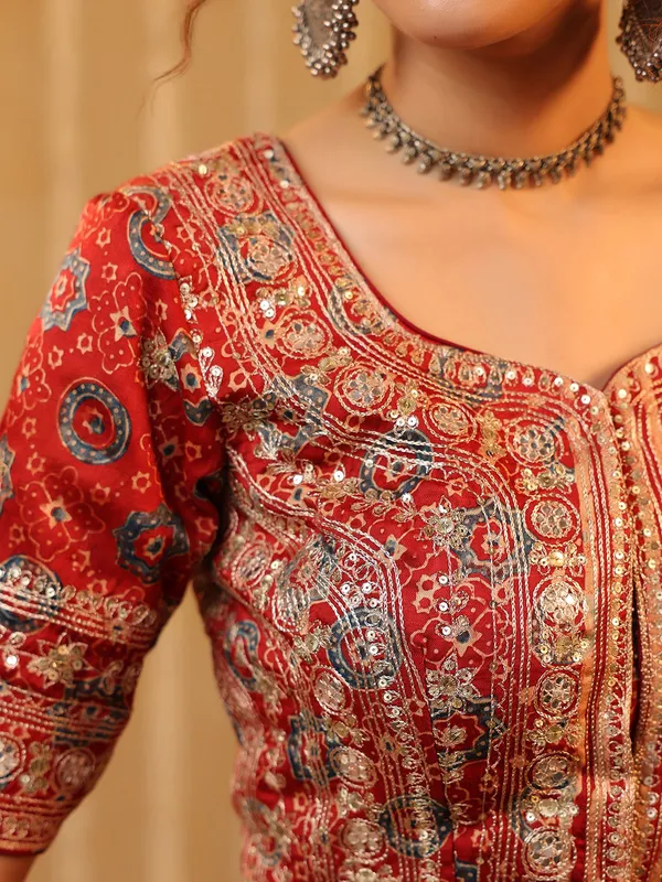 Red printed cotton silk saree for festival