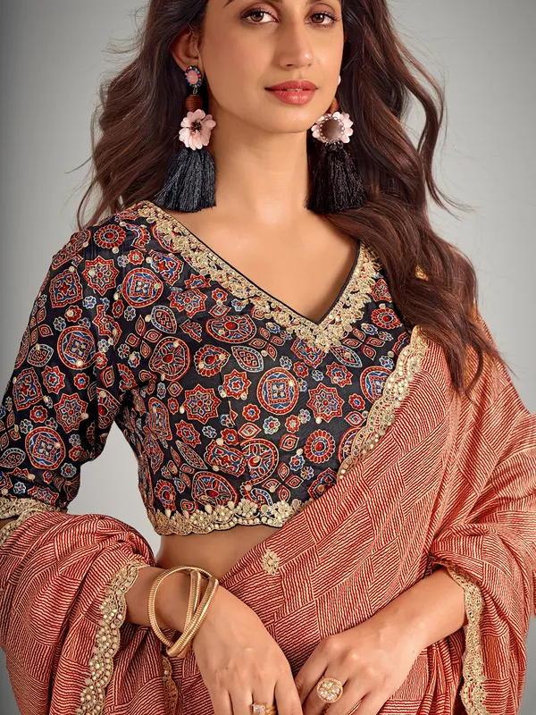 Red printed crepe silk party wear saree