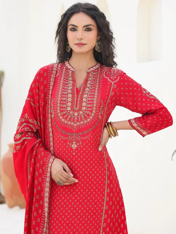 Red printed dola silk kurti set with dupatta
