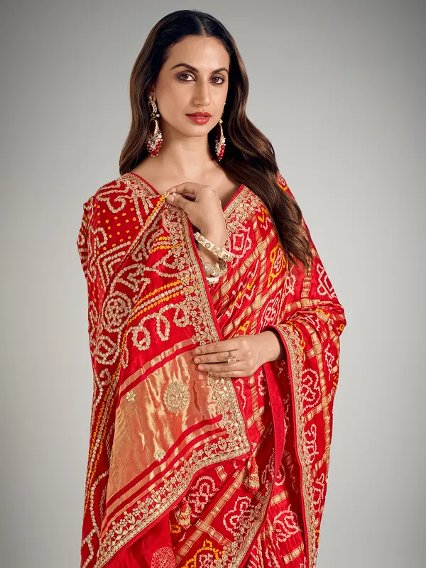 Red printed gajji silk saree for wedding