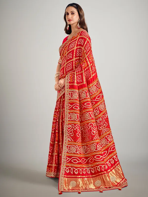 Red printed gajji silk saree for wedding