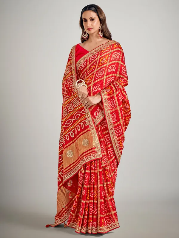 Red printed gajji silk saree for wedding