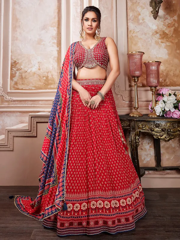 Red printed georgette lehenga choli