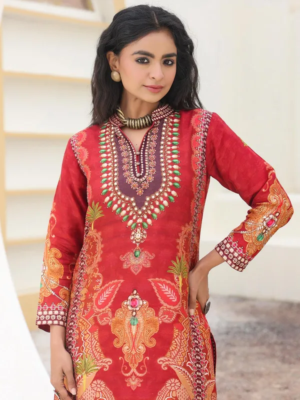 Red printed kurti set in dola silk