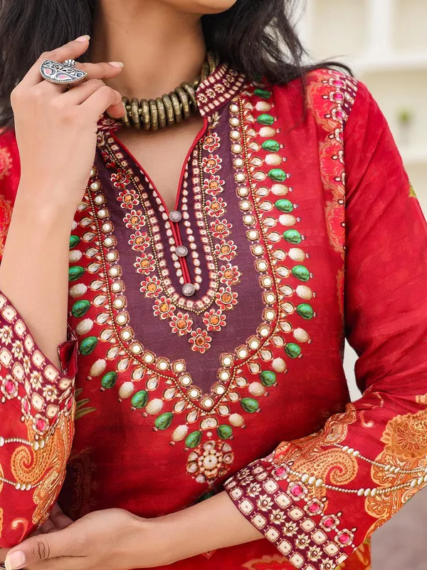 Red printed kurti set in dola silk