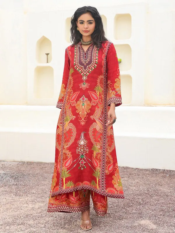 Red printed kurti set in dola silk