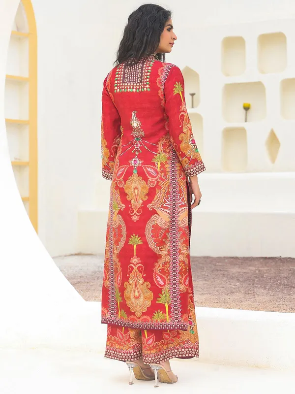 Red printed kurti set in dola silk