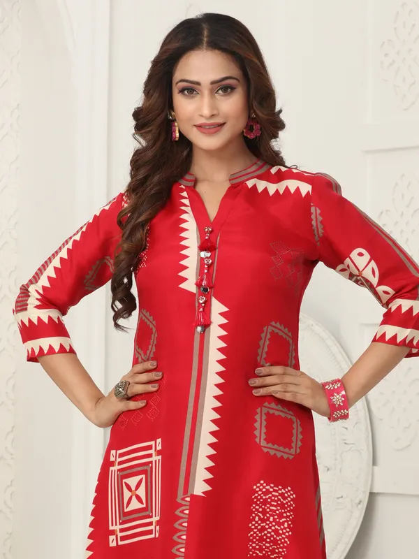 Red printed kurti set in russian silk