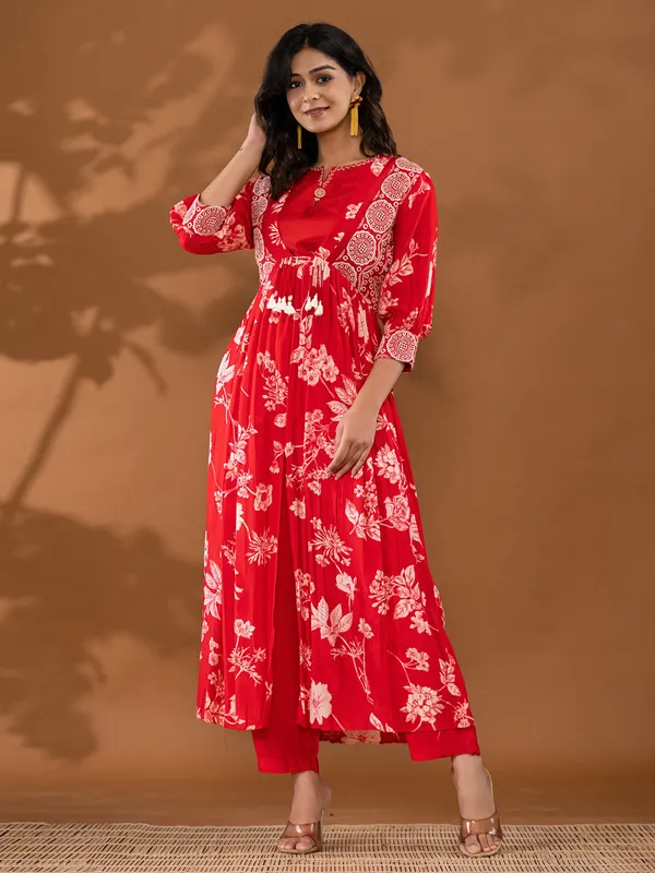 Red printed kurti set in silk