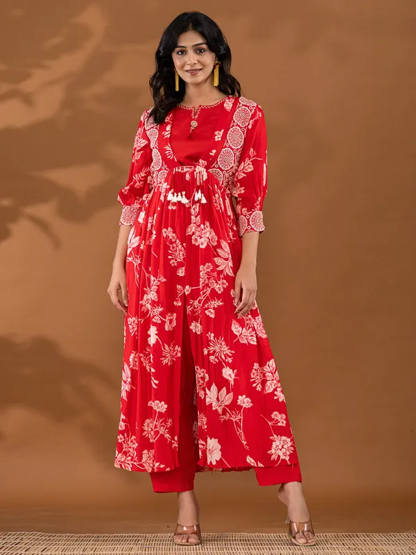 Red printed kurti set in silk
