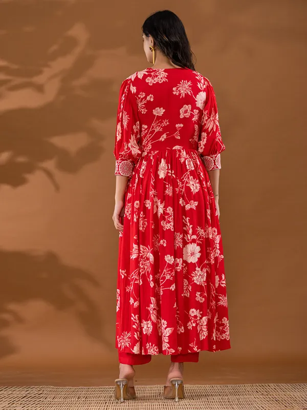 Red printed kurti set in silk