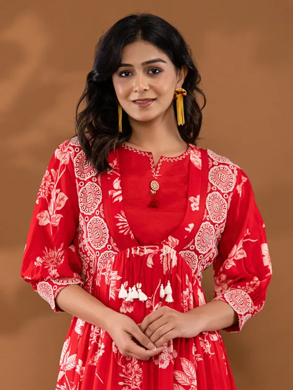 Red printed kurti set in silk