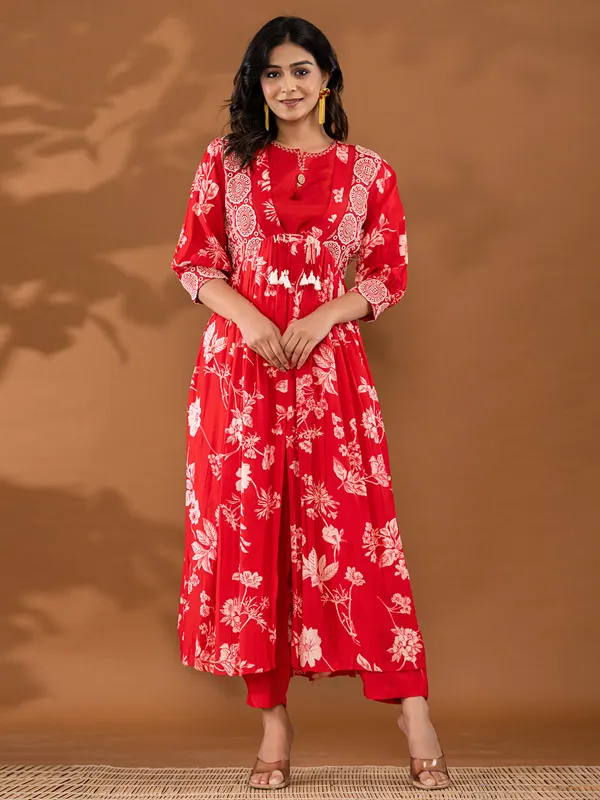 Red printed kurti set in silk