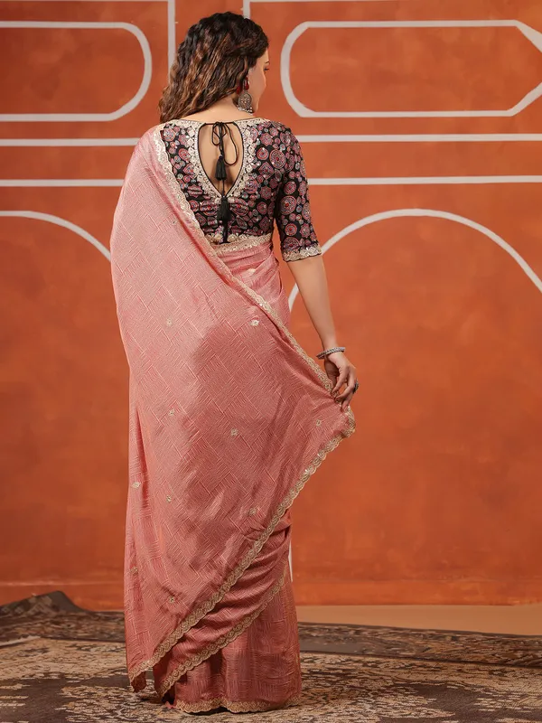 Red printed muslin saree with ready made blouse for women