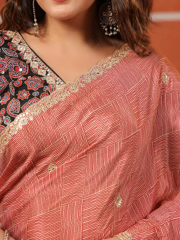 Red printed muslin saree with ready made blouse for women