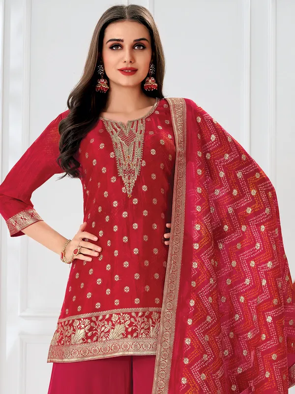 Red printed organza festive wear palazzo suit