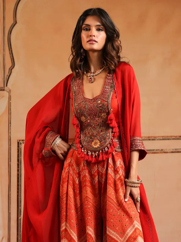 Red printed palazzo suit with shrug