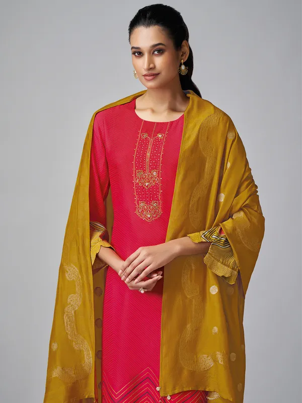 Red printed salwar suit in tusser silk
