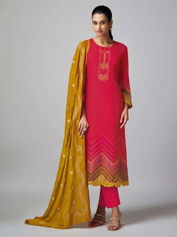 Red printed salwar suit in tusser silk