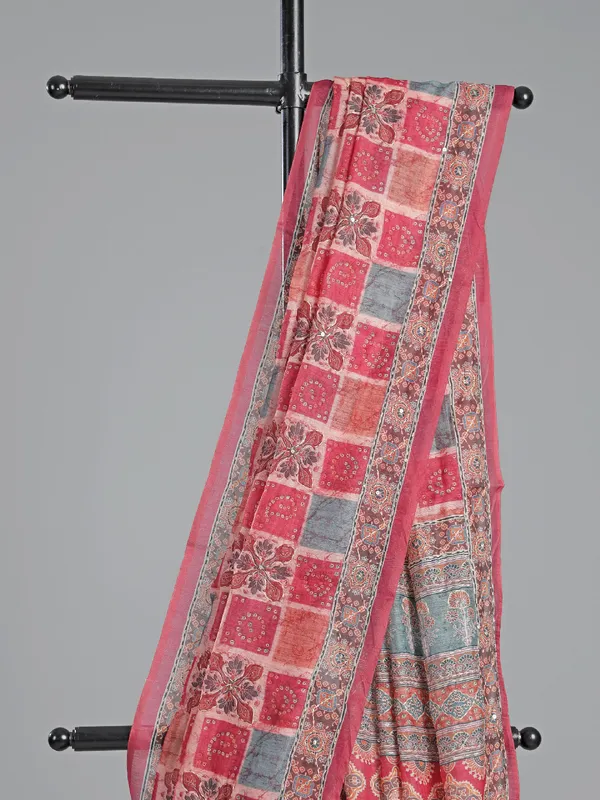 Red printed saree in semi cotton with thread work