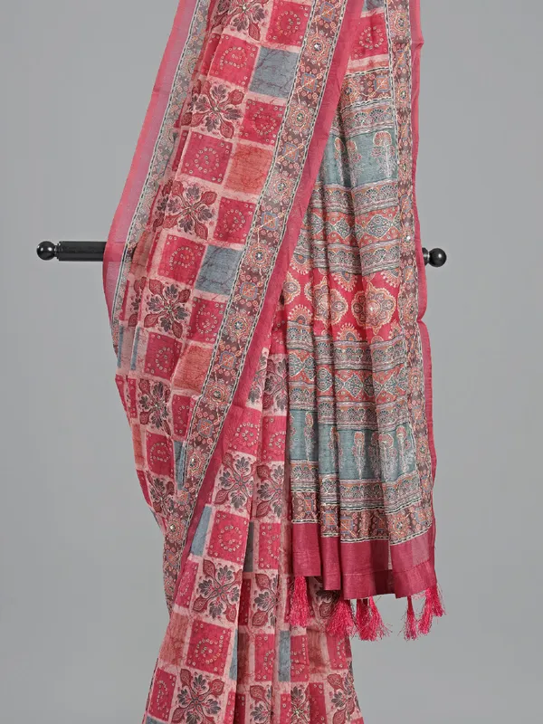 Red printed saree in semi cotton with thread work